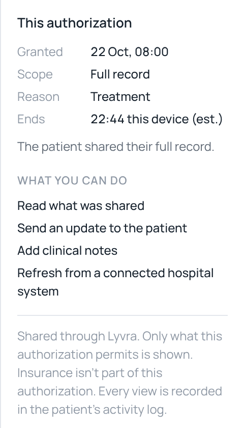 Clinician Workstation: the active authorization, with its scope, reason and end time. Synthetic demo data.