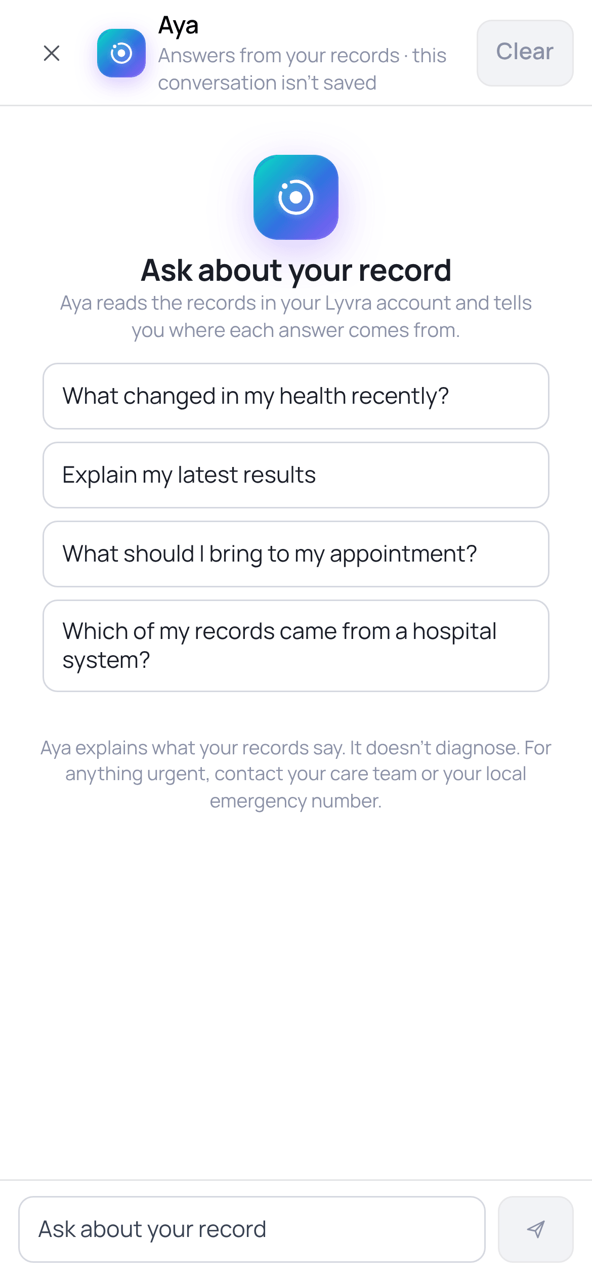 Patient app: Aya, the record-grounded assistant. Synthetic demo data.