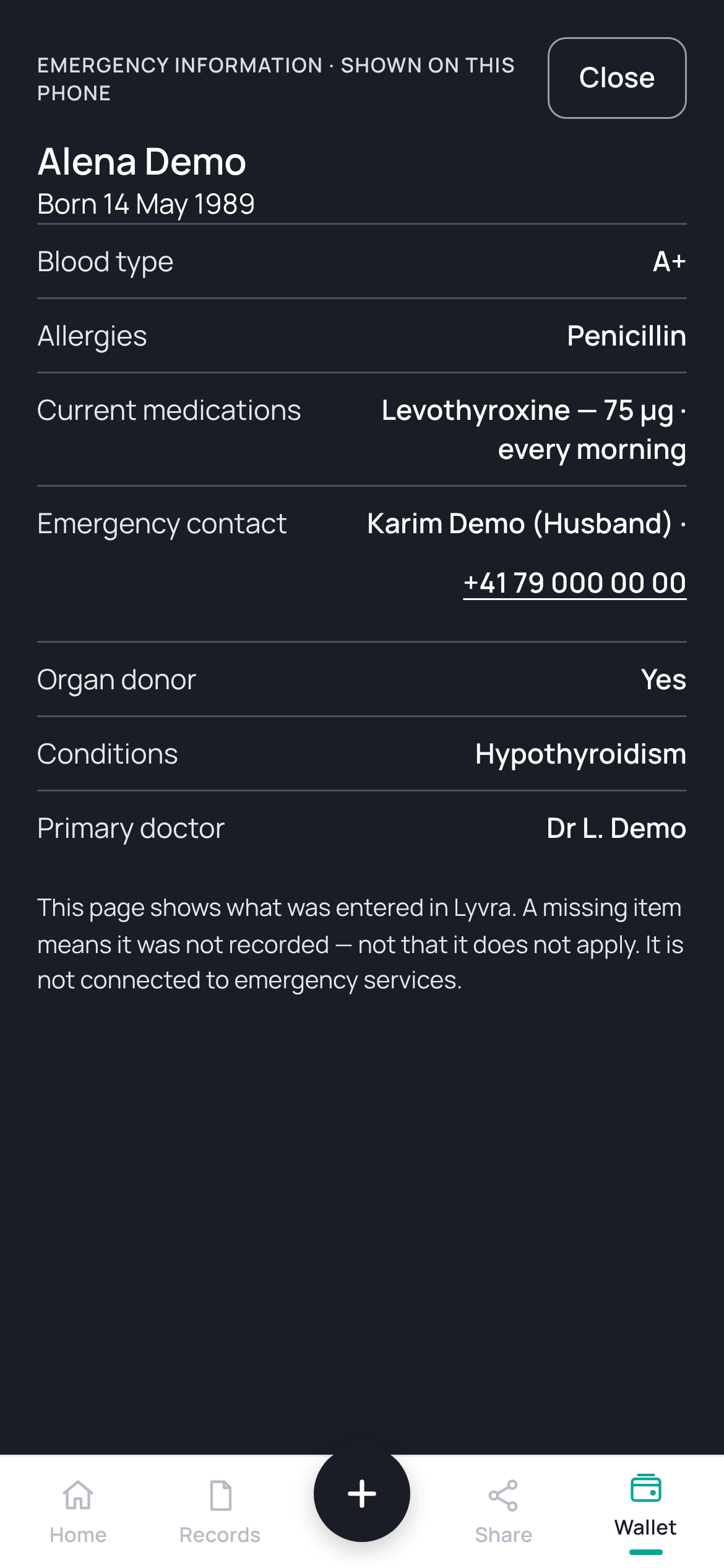 Patient app emergency information screen. Synthetic demo data.