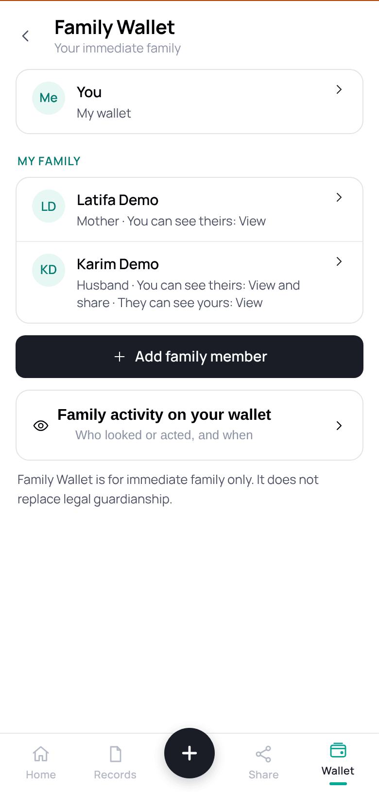 Patient app Family Wallet. Synthetic demo data.