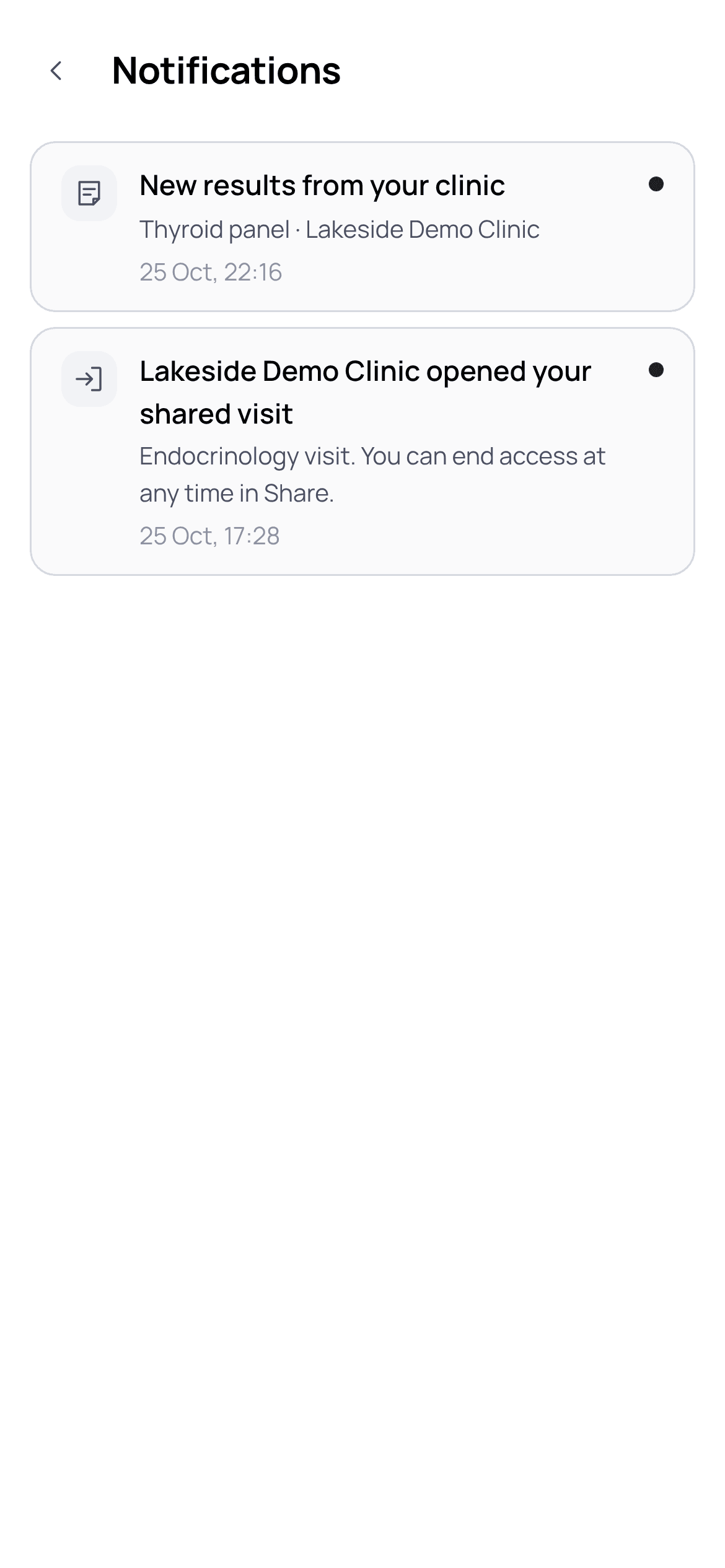 Patient app notifications: a clinic opened the patient’s shared visit. Synthetic demo data.